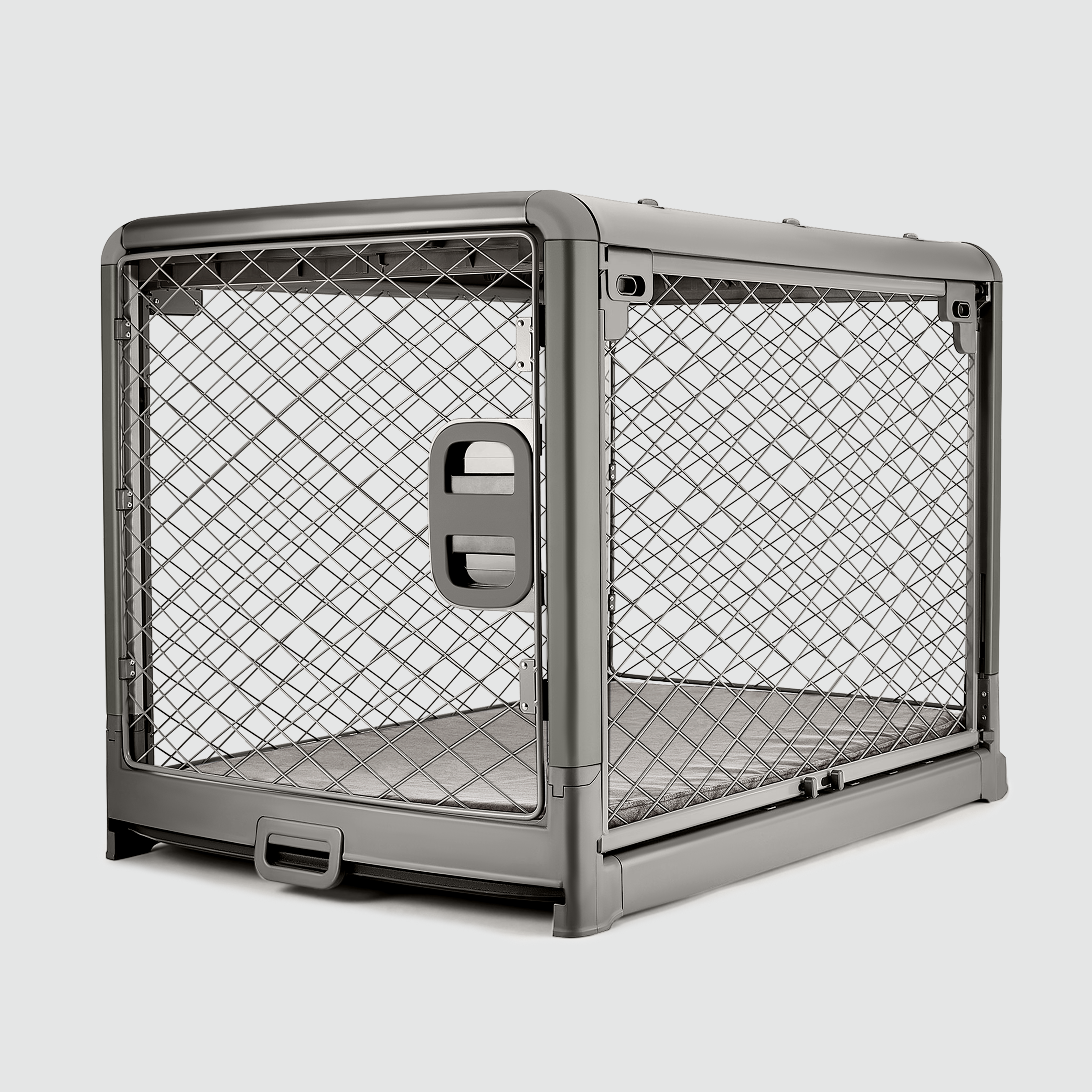 A Smoke Grey Revol Dog Crate pictured diagonally from the front on an offwhite background