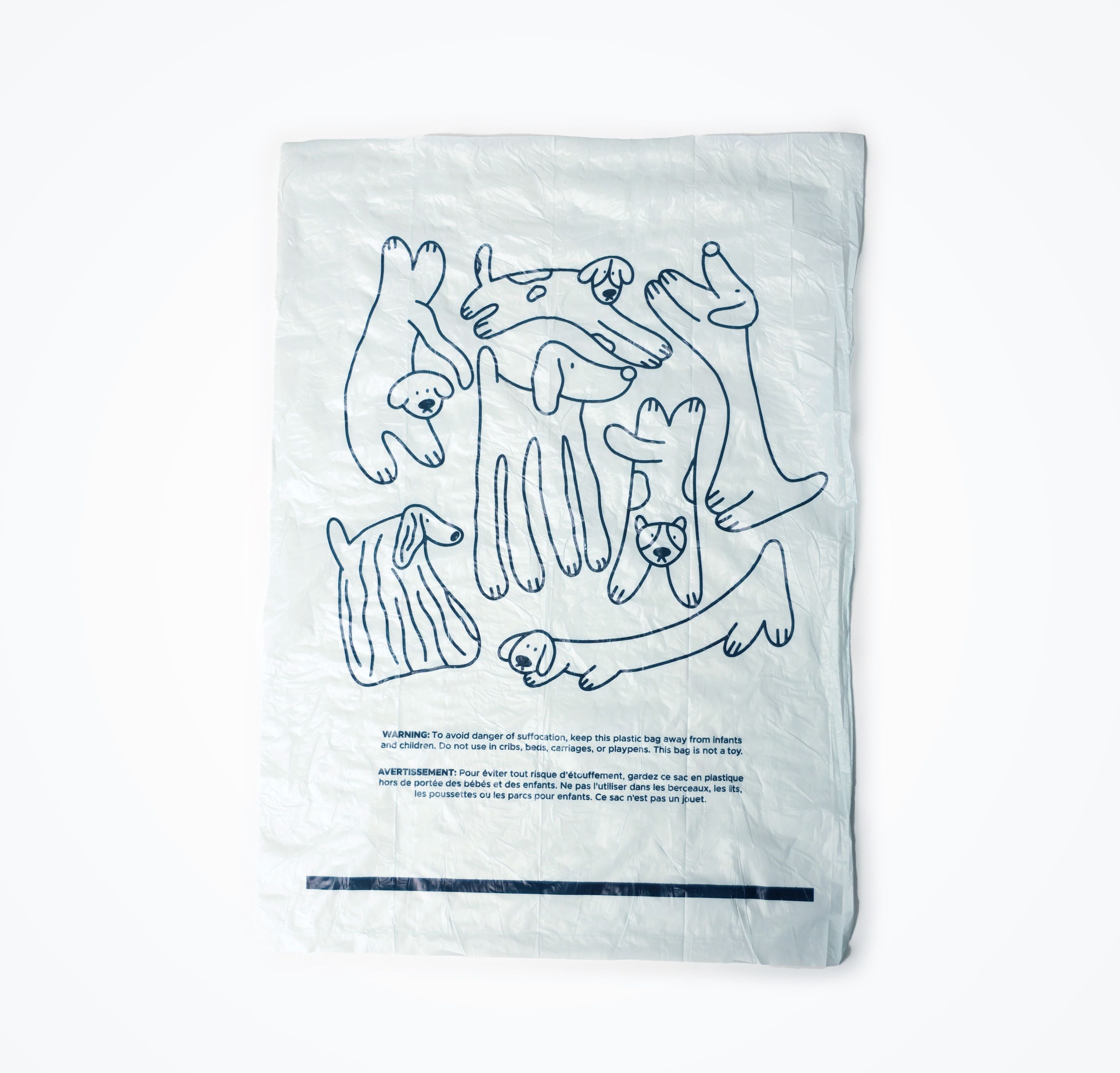 a poop bag with doodles of dogs on it
