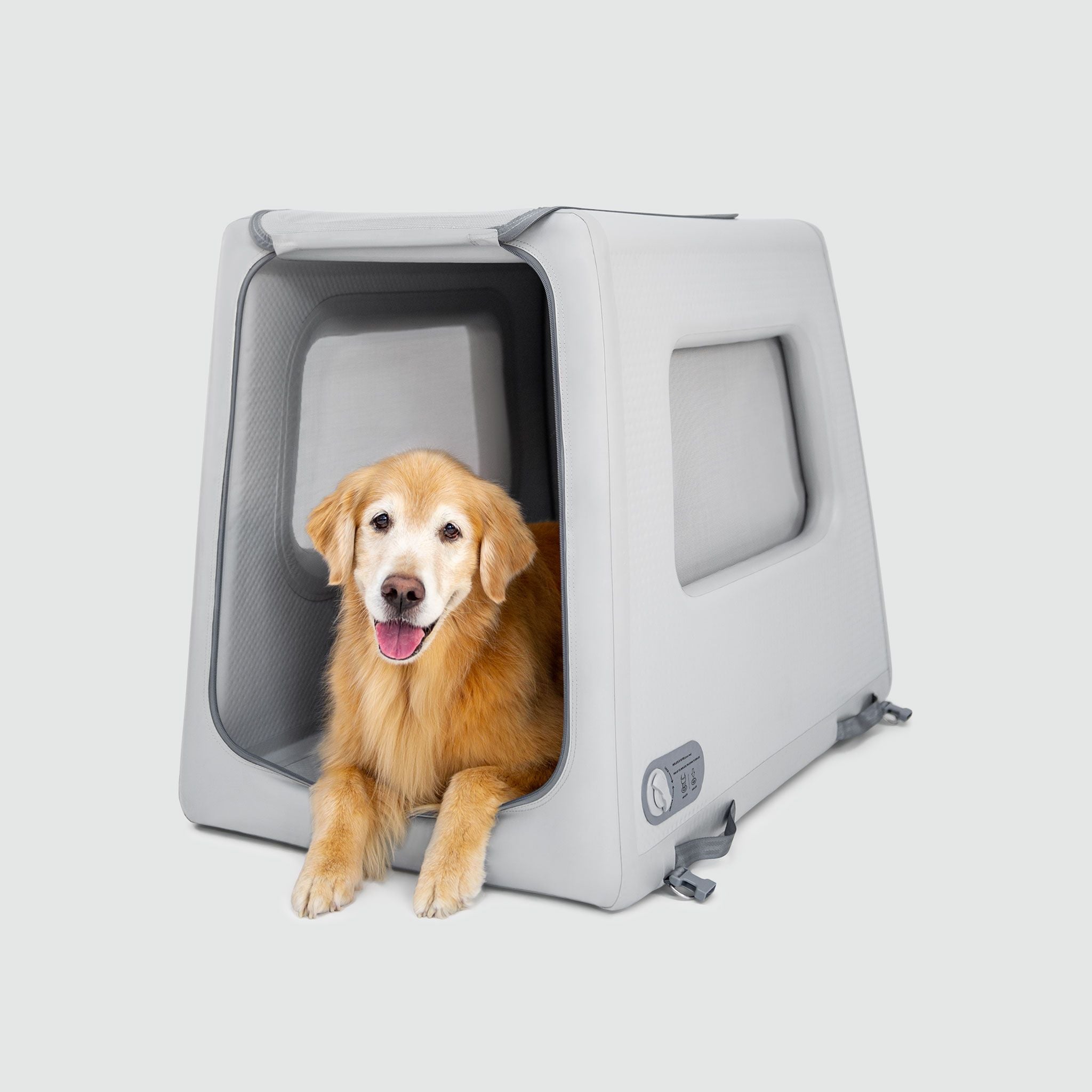 A dog laying inside of an Enventur Travel Kennel