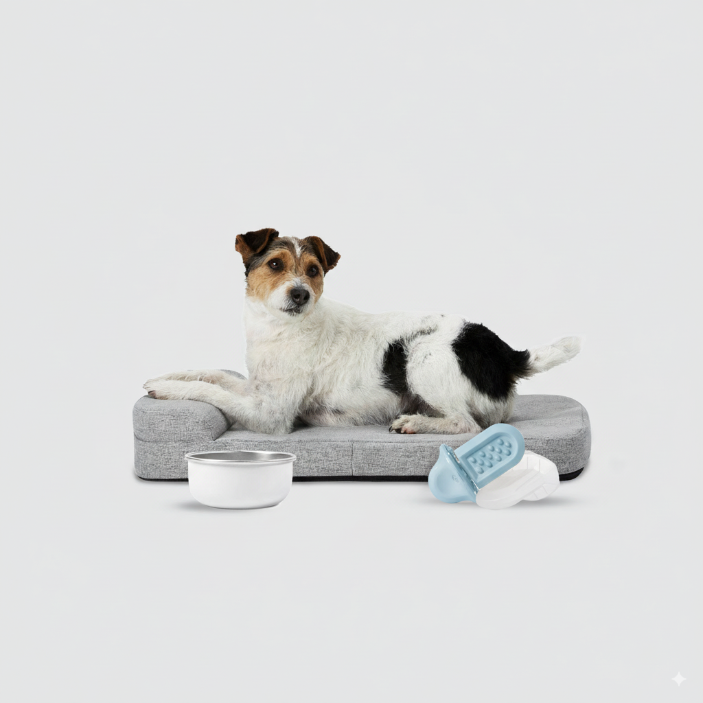 a dog laying on top of a Bolstr dog bed next to a white Diggs Bowl and a Groov Training Aid