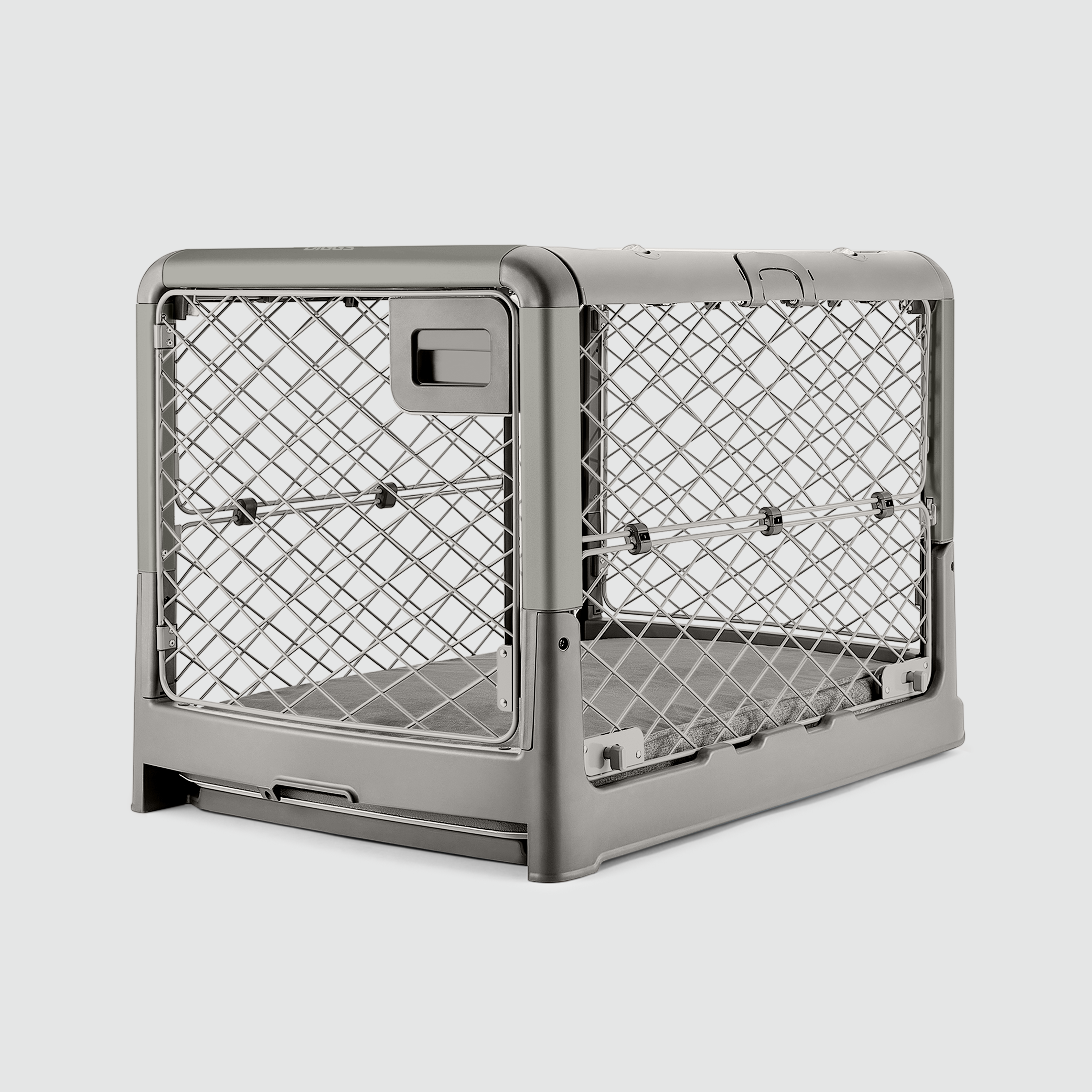 A Smoke Grey Revol Dog Crate pictured diagonally from the front on an offwhite background