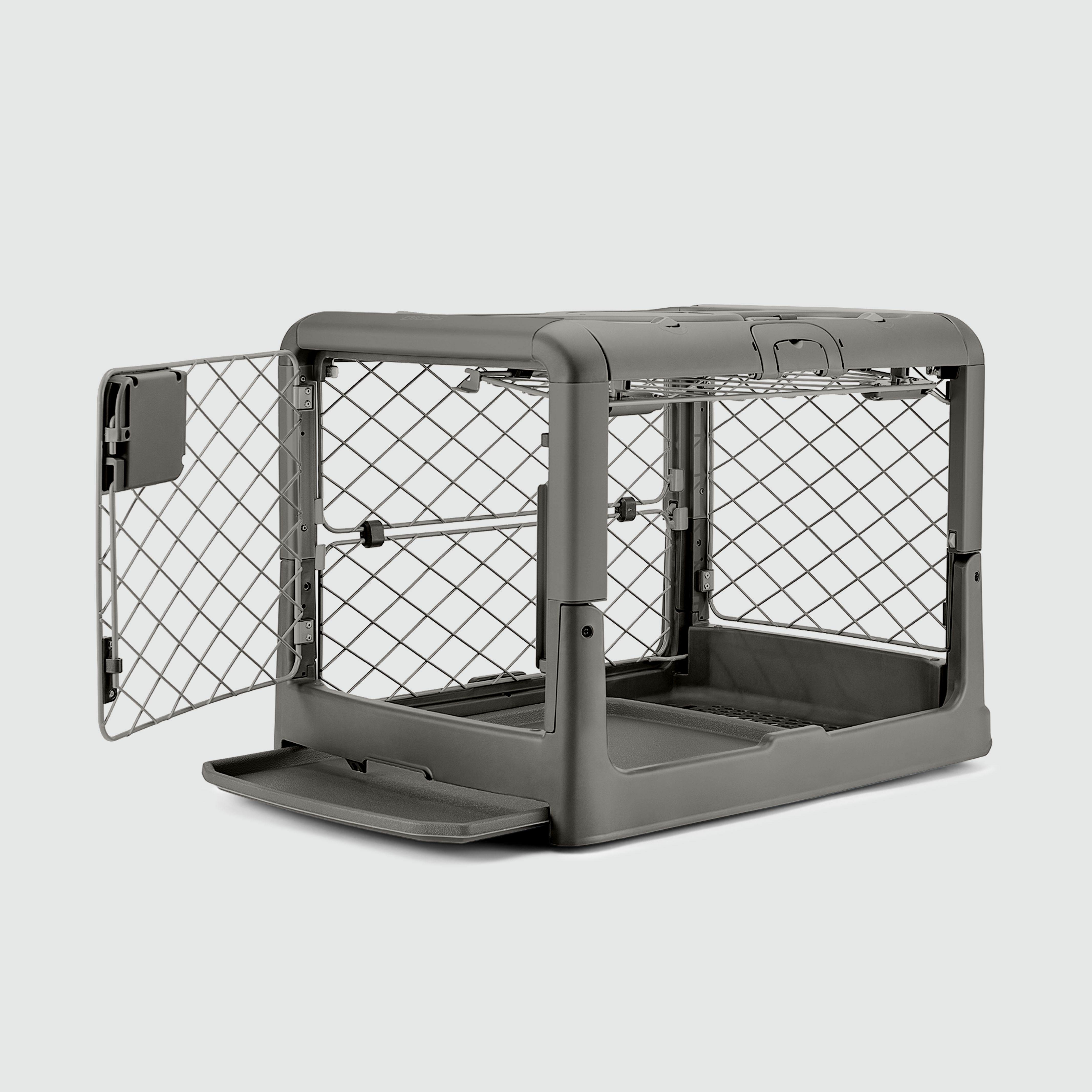 A side view shot of the open doors on the S/M Revol crate in Smoke color, while the tray at the bottom is pulled half out.
