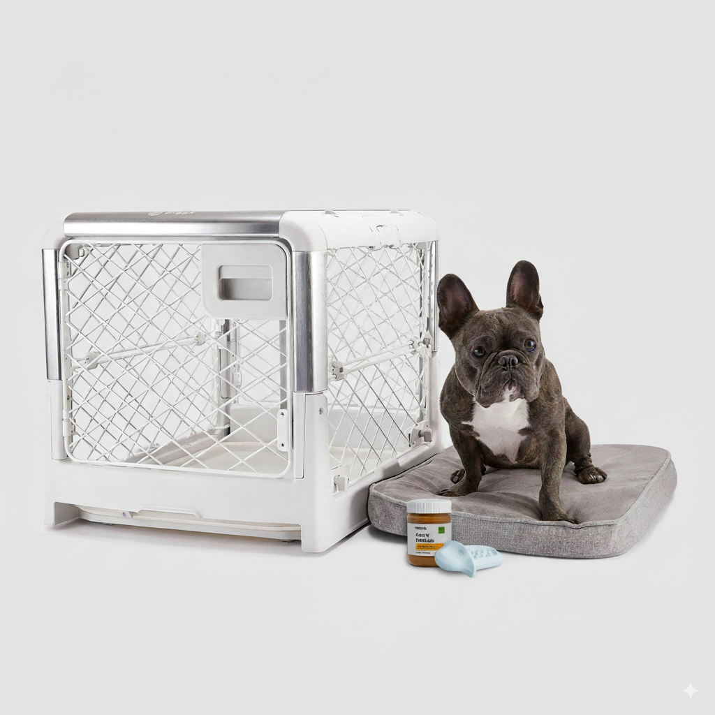 A dog sitting on a Snooz pad next to a Revol dog crate with a Groov and Treat Spread it front