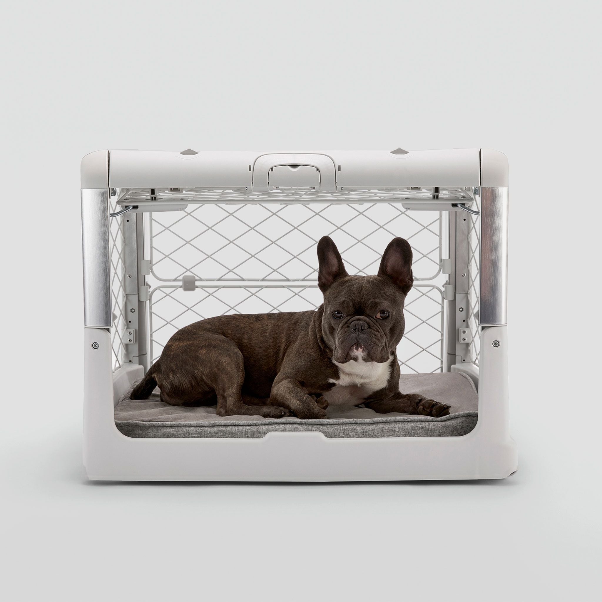 A dog laying in an Ash Revol dog crate pictured from the side with the side door open