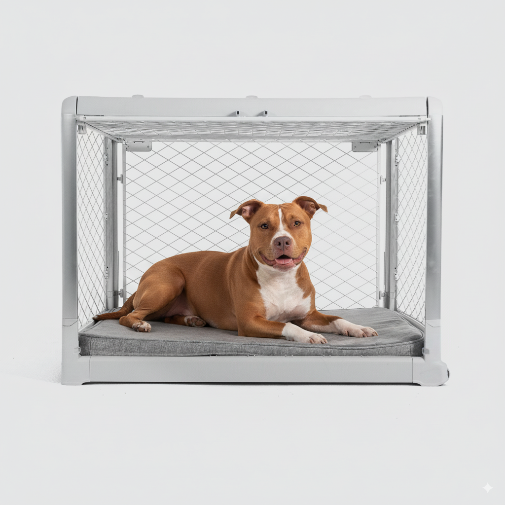 A Pitbull laying in an Ash Revol dog crate pictured from the side with the side door open